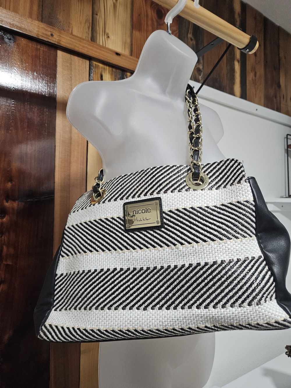 Nicole by Nicole Miller Black and White Striped Tote with Gold Chain Hardware